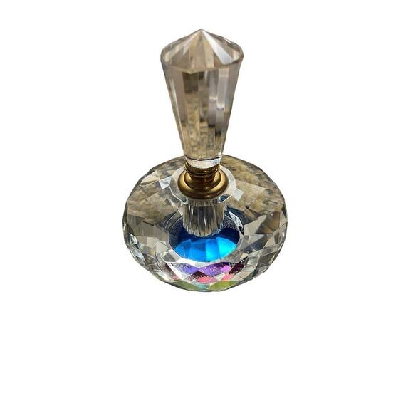 Art deco crystal perfume bottle vintage 6” tall - 4” wide - twist top gold - Picture 3 of 4